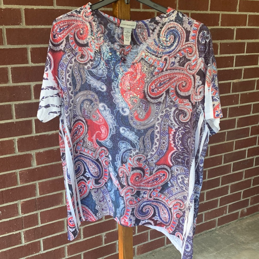 EUC - Catherine’s - Short Sleeve Top with Lace Overlay and Bling Accents